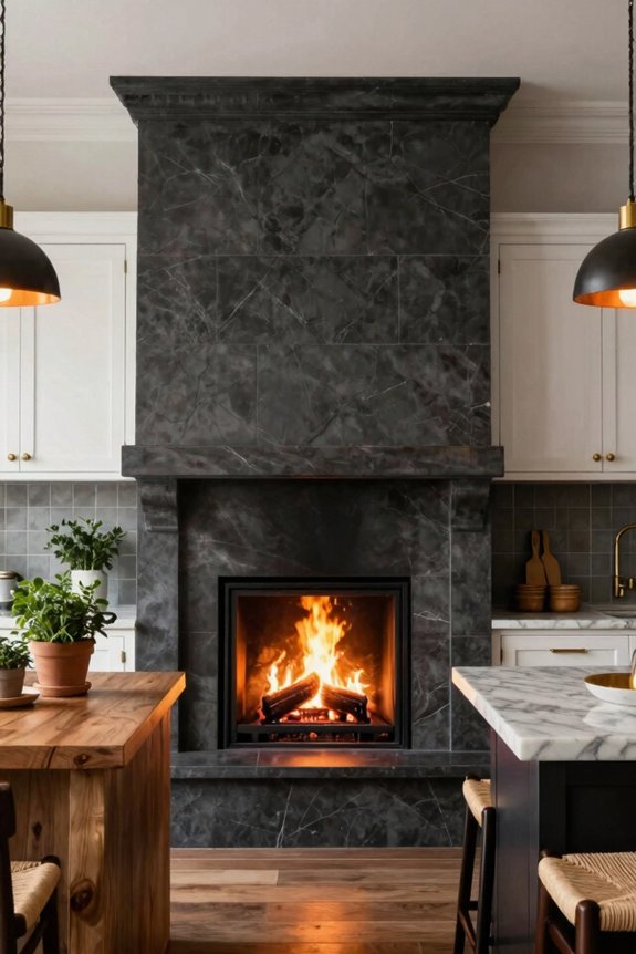 bold fireplace surround unites kitchen design