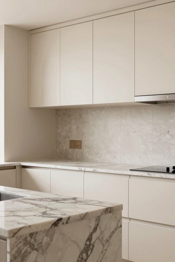 cream cabinets with dark bold countertops create striking contrast