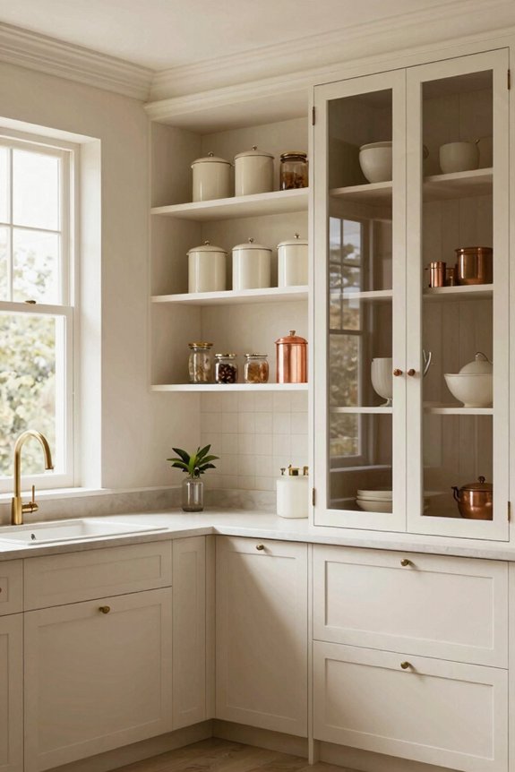 cream kitchen glass doors open shelves