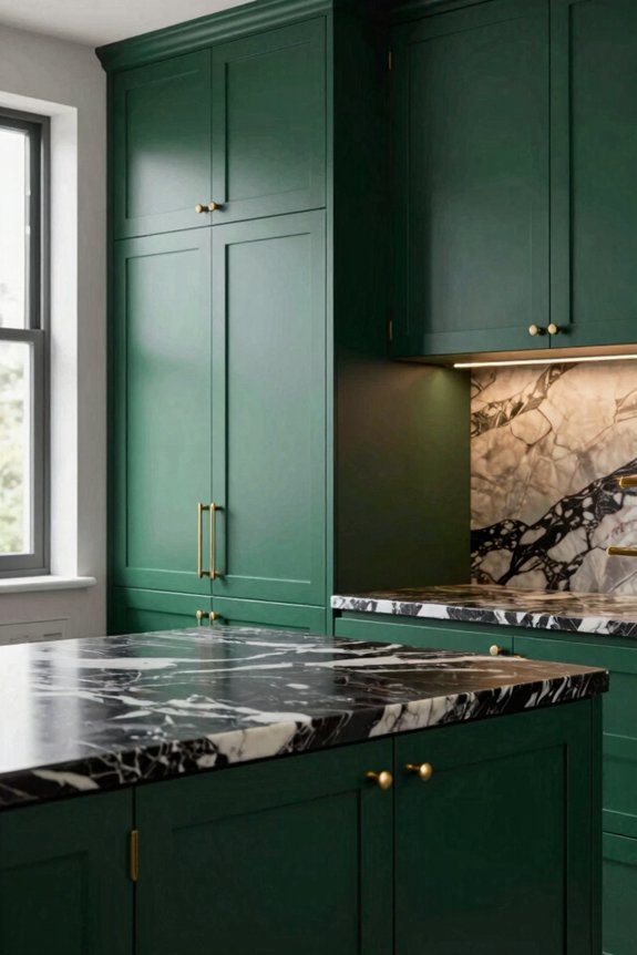 deep green cabinets veined marble
