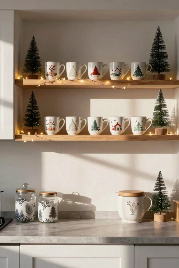 festive mug shelves with trees