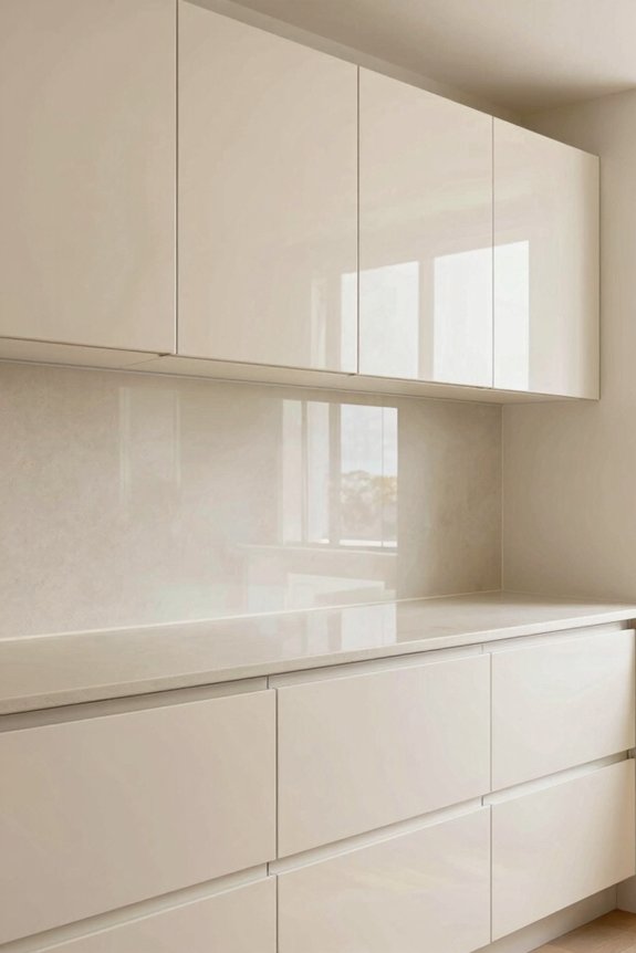 glossy cream cabinets reflect light beautifully