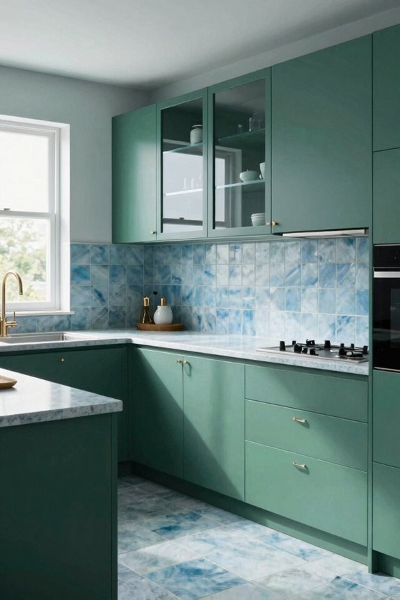 sage greens blue cabinetry brass accents