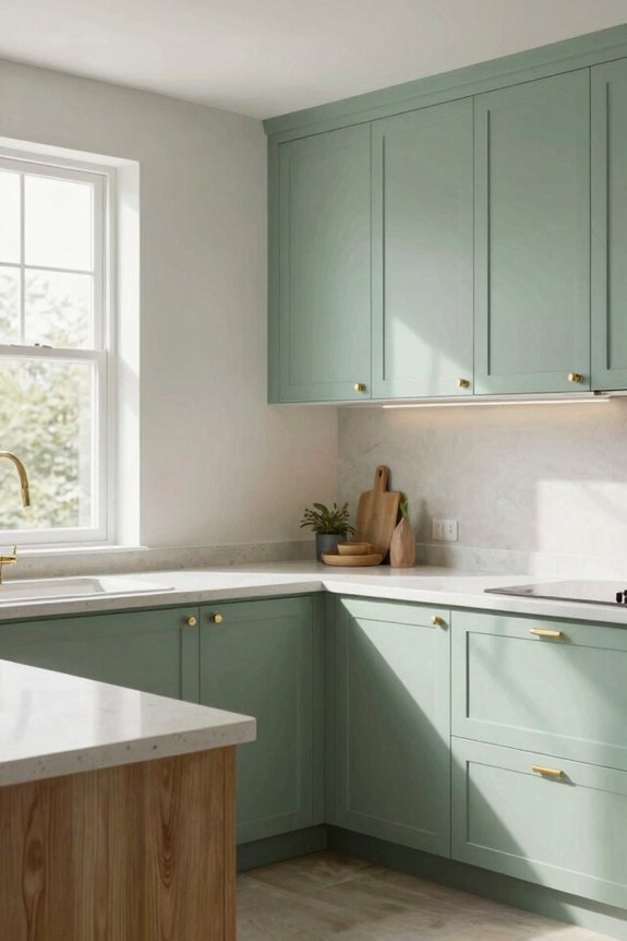 soft sage green cabinets airy kitchen