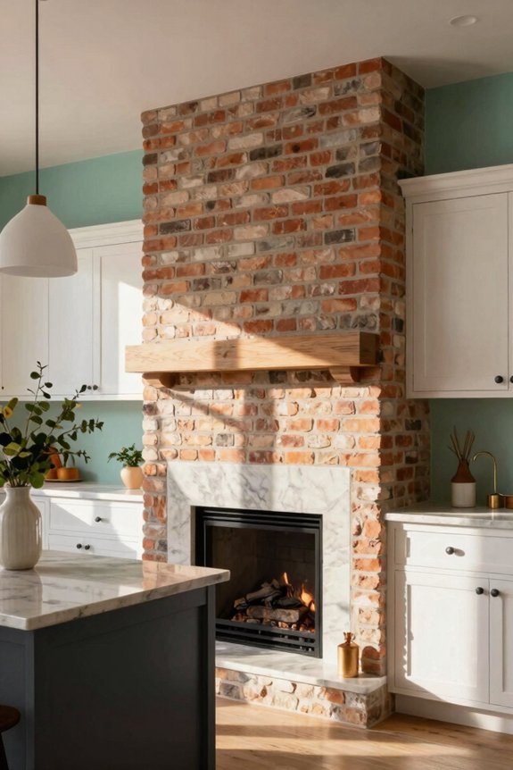 unified back wall and shelves highlight fireplace