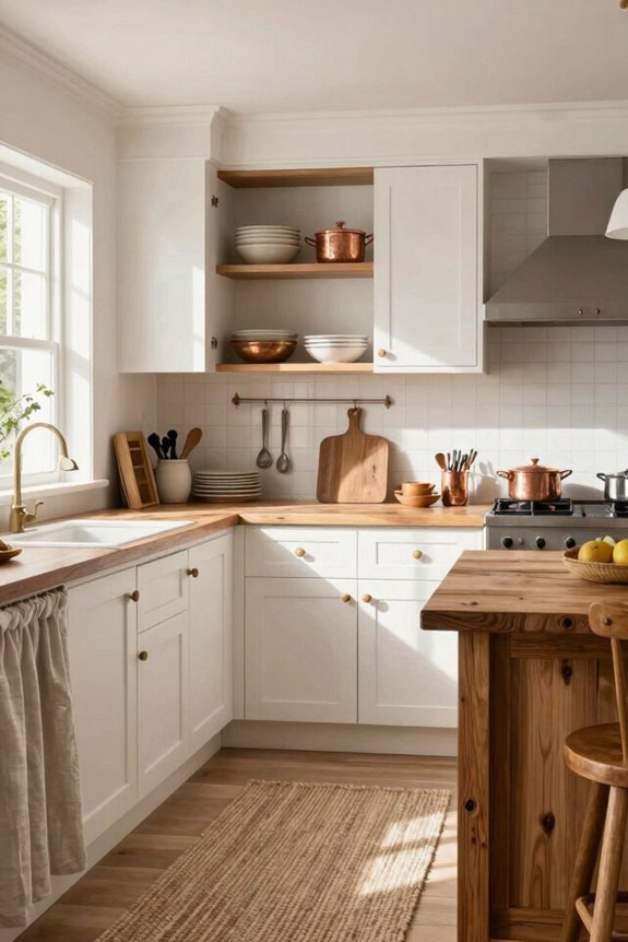 white cabinets with warm wood accents